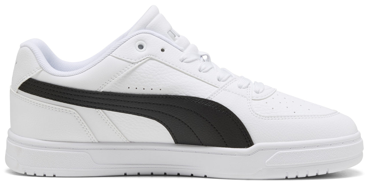 Low-top white sneaker with a black stripe on the side and white laces.