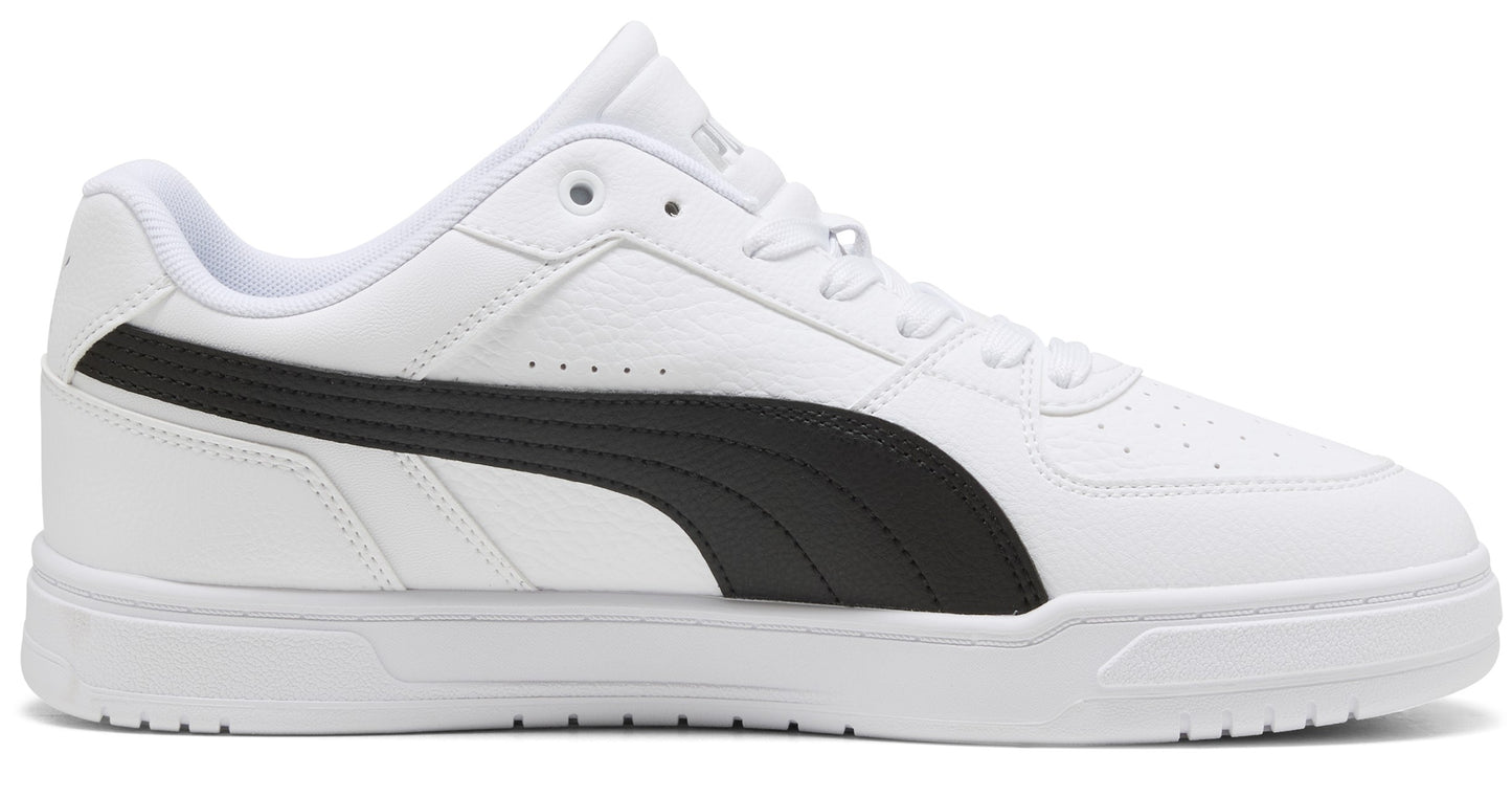 Low-top white sneaker with a black stripe on the side and white laces.