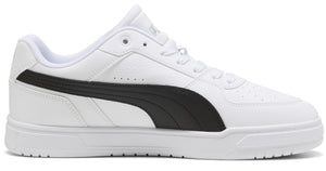 Low-top white sneaker with a black stripe on the side and white laces.
