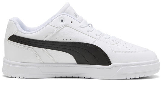 Low-top white sneaker with a black stripe on the side and white laces.