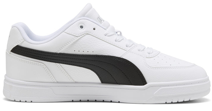 Low-top white sneaker with a black stripe on the side and white laces.