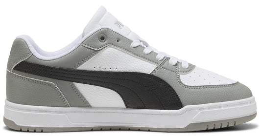 Low top white, gray, and black sneaker with laces.