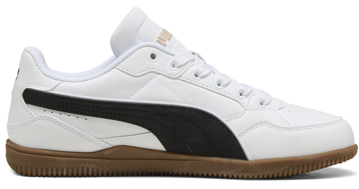 White sneaker with black stripe and brown sole.