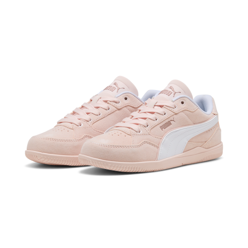A pair of pink sneakers with white stripes.