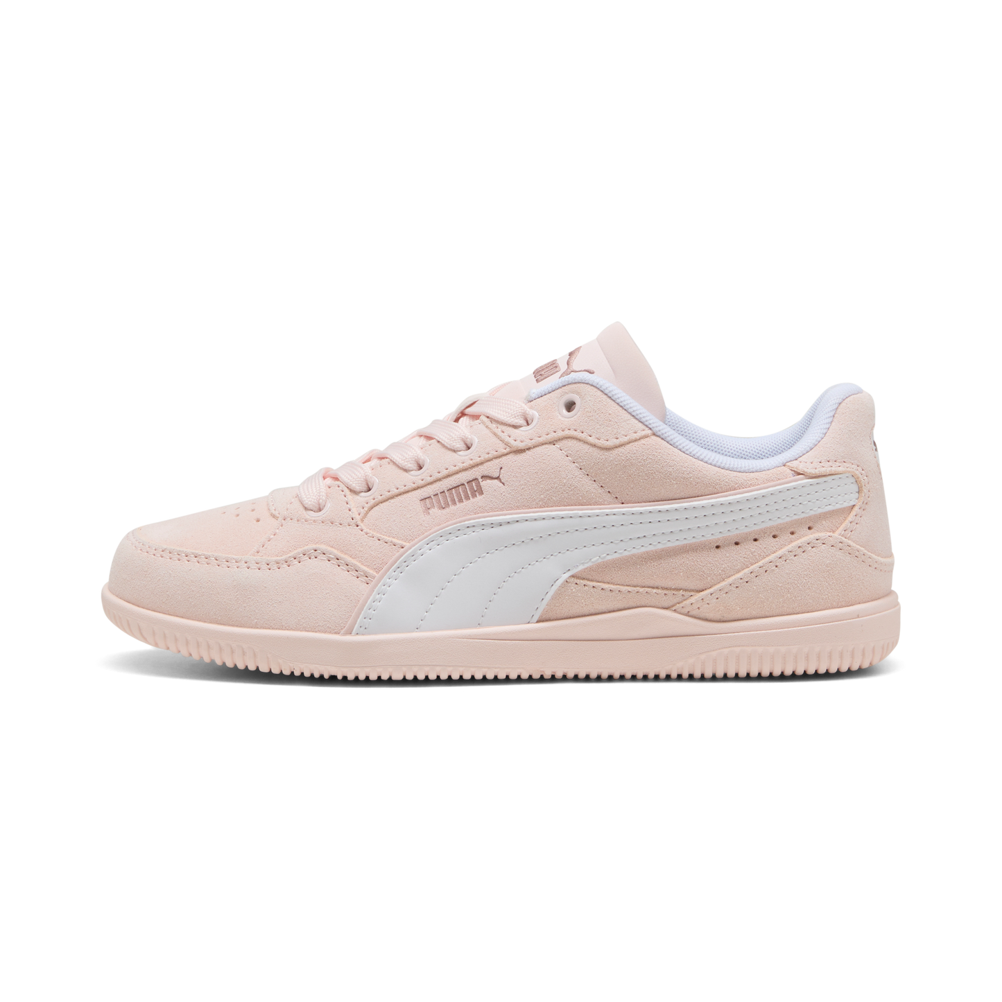 A pink tennis shoe with white stripe.