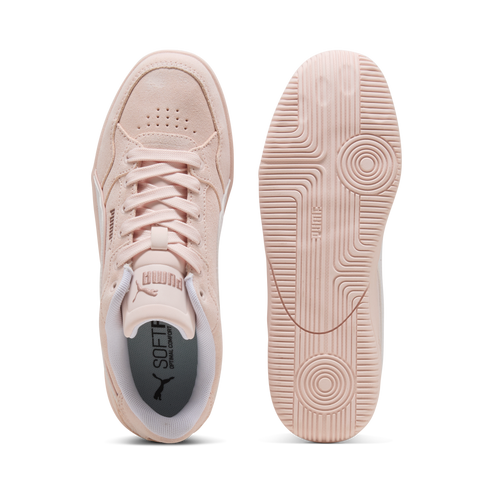 Pair of pink sneakers, view from above: one shoe shows top and inside with SOFTFOAM+ label, the other shoe shows grooved sole, PUMA label.