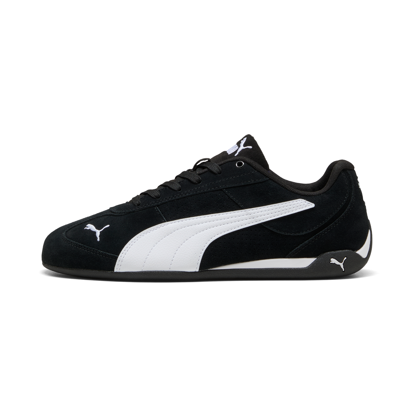 Black shoe with white stripe and logo on a low sole.