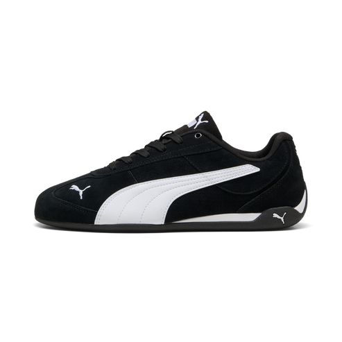 Black shoe with white stripe and logo on a low sole.