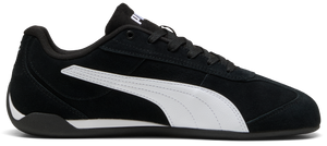Black sneaker with white stripe.