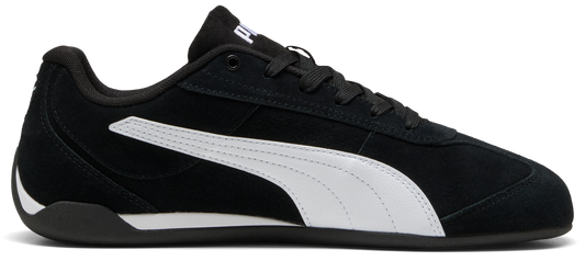 Black sneaker with white stripe.