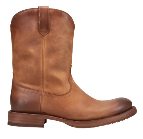 Tan leather cowboy boot with a blocky heel.