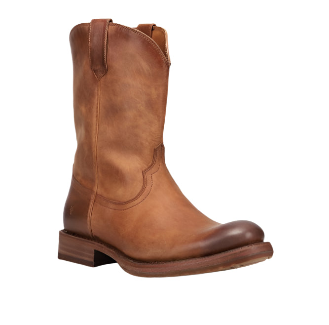 Brown leather cowboy boot with a low heel.