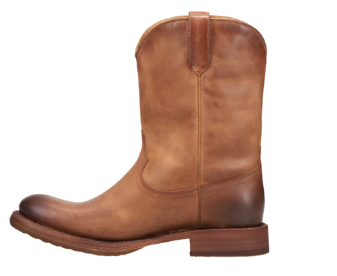 A tan leather western style ankle boot.