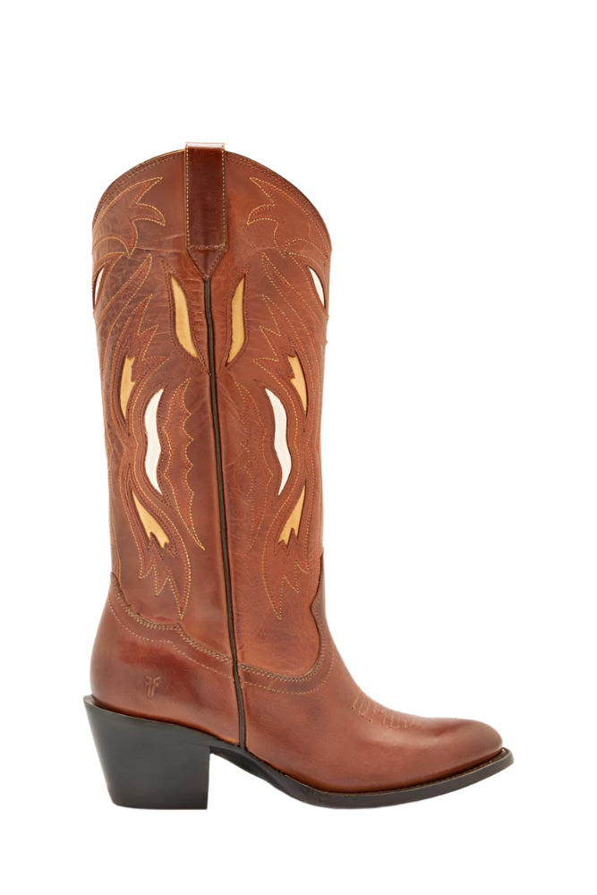 Brown leather cowboy boot with decorative stitched design.