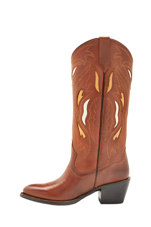 Brown cowboy boot with decorative cutouts and stitching.