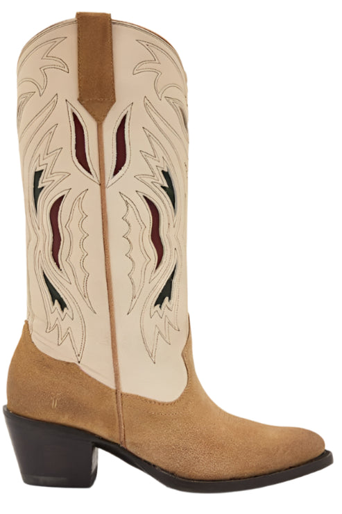 Cowboy boot featuring beige suede vamp and heel, cream leather shaft with brown leather accents and black and red stitching.