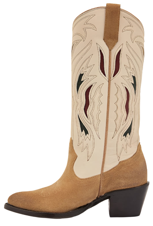 Tan suede cowboy boot with cream-colored details and dark brown block heel.