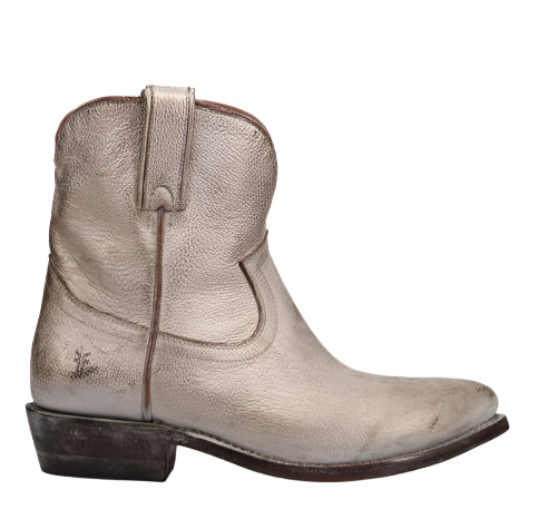 Grey leather ankle-height cowboy boot with a stacked heel.