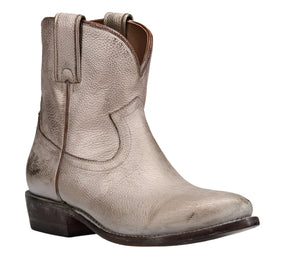 A silver ankle boot with pointed toe and a slight heel.