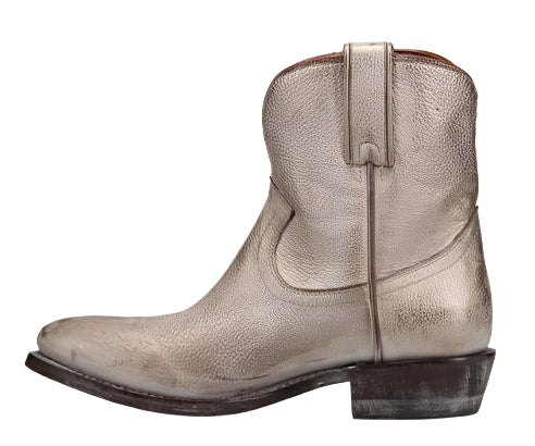 Short, gray leather western boot.