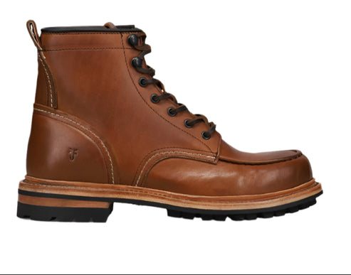 A brown leather work boot with a thick sole and black laces.