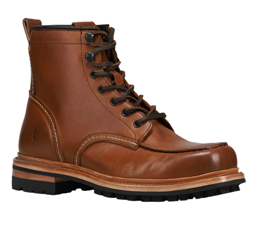 Brown leather lace-up work boot with moc toe and stacked heel.