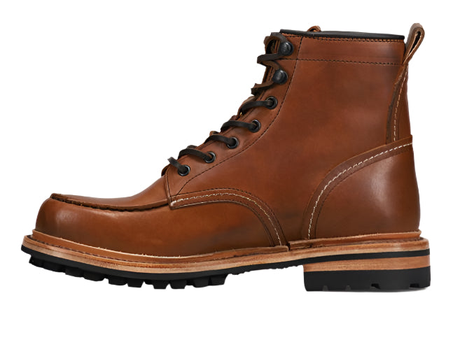 Brown leather work boot with moc toe and black laces.