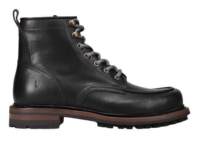 Black leather work boot with moc toe, ankle height, lace-up closure, brown heel and sole.