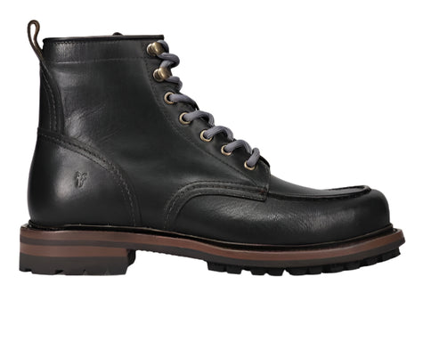 Black leather work boot with moc toe, ankle height, lace-up closure, brown heel and sole.