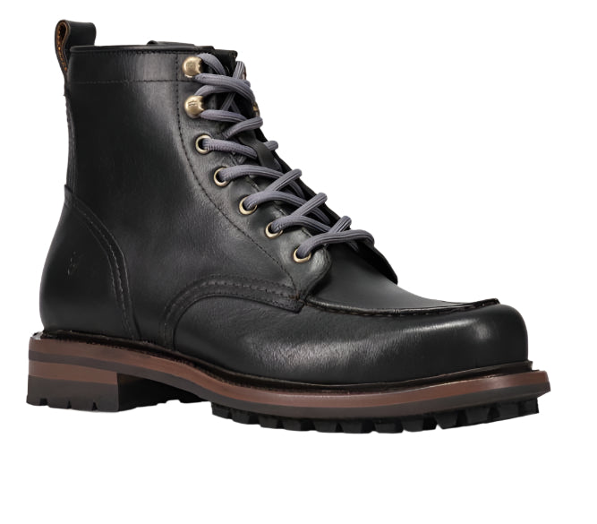 Black leather lace-up boot with a stacked heel.