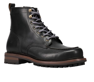 Black leather lace-up boot with a stacked heel.