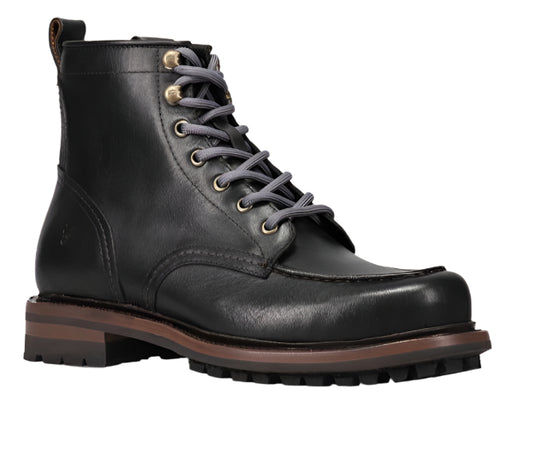 Black leather lace-up boot with a stacked heel.