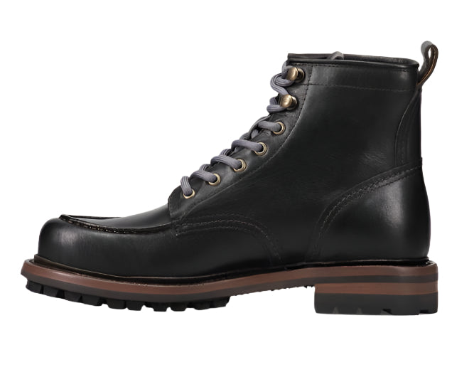 Black, ankle-high moc-toe boot with gray laces, brown welt, and heel.