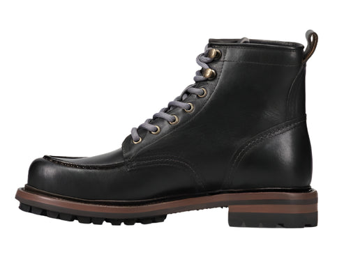 Black, ankle-high moc-toe boot with gray laces, brown welt, and heel.