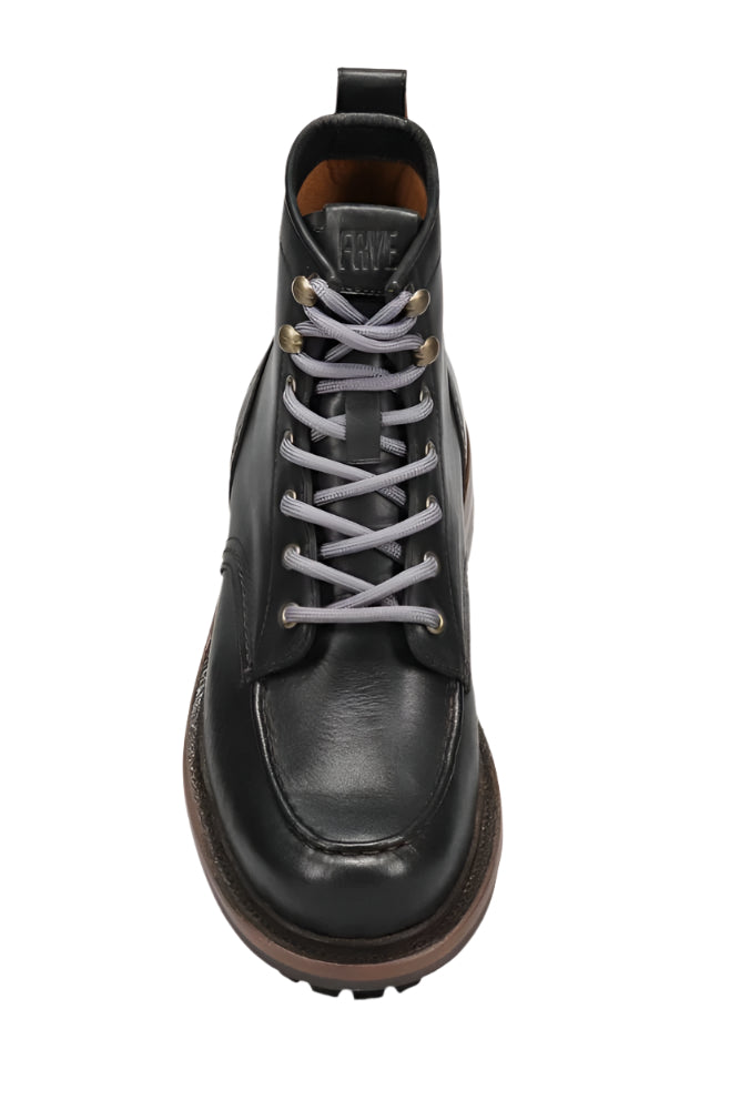 Black leather boot with light gray laces.
