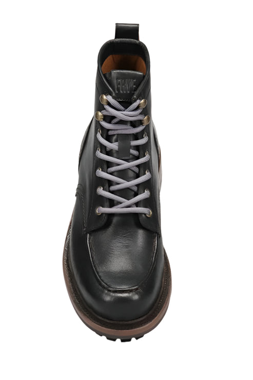 Black leather boot with light gray laces.