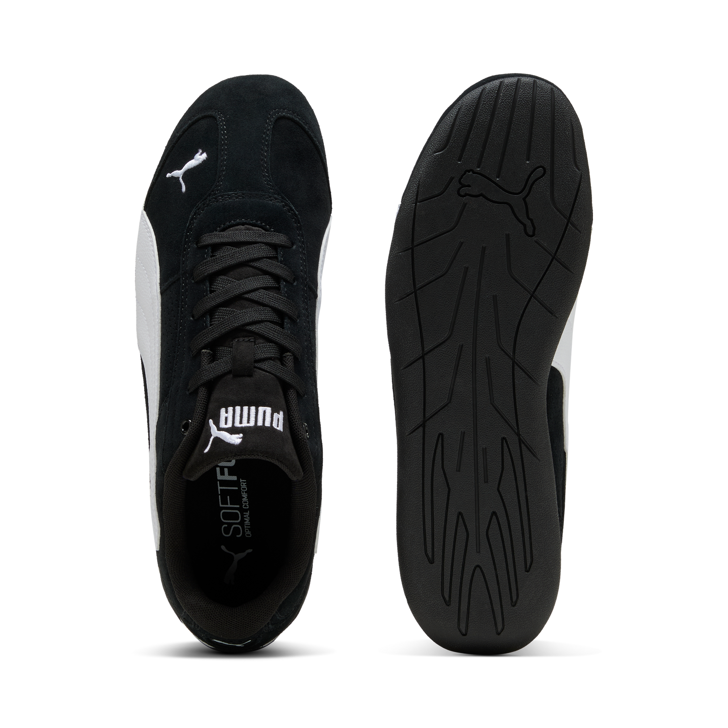 Overhead view of a black shoe with white accents. The left shoe shows the top while the right one shows the bottom. The insole of the left shoe reads "SOFTFOAM+"