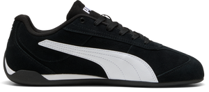 A black sneaker with white stripes.