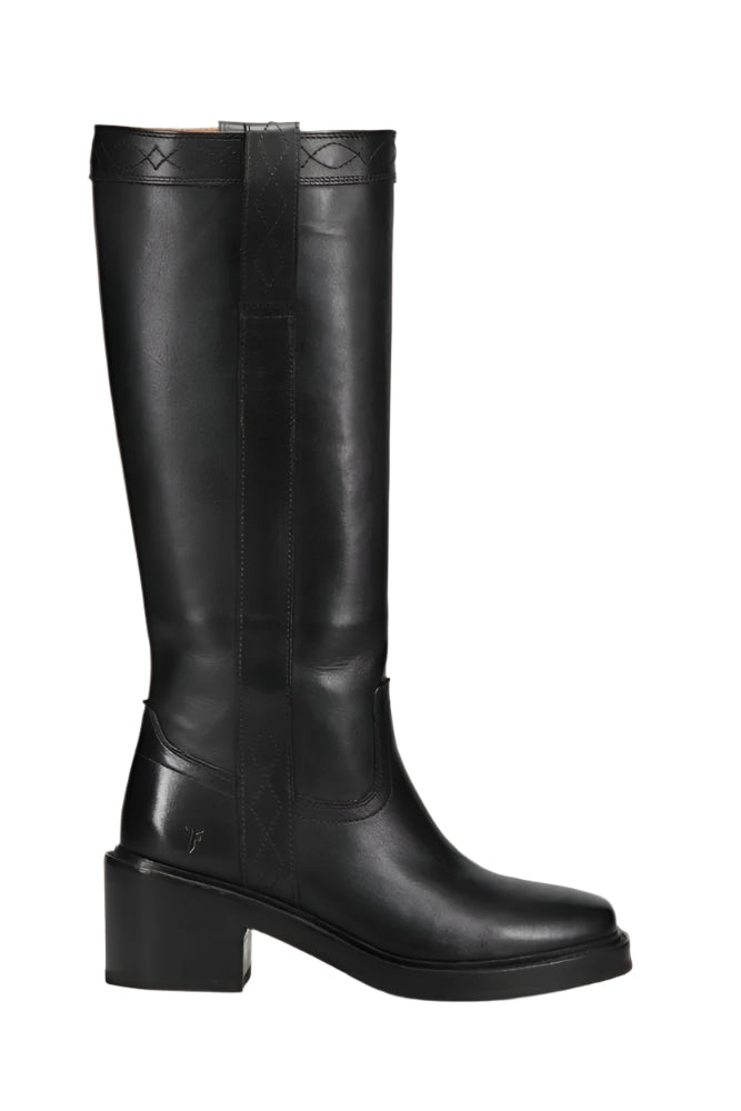 Knee high, black leather boot with a thick heel.