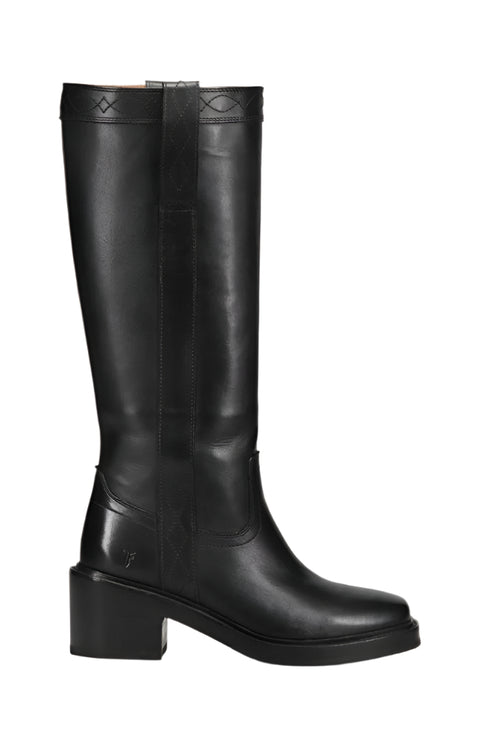 Knee high, black leather boot with a thick heel.