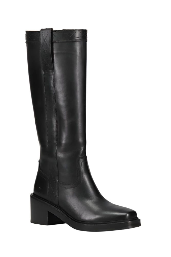 Black knee-high leather boot with square toe and block heel.