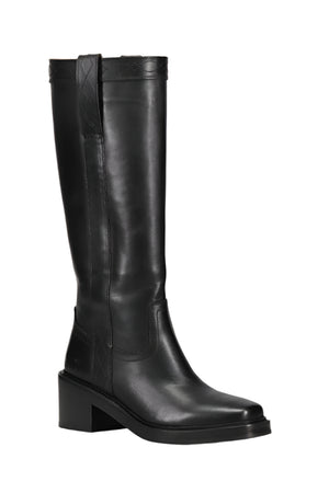 Black knee-high leather boot with square toe and block heel.