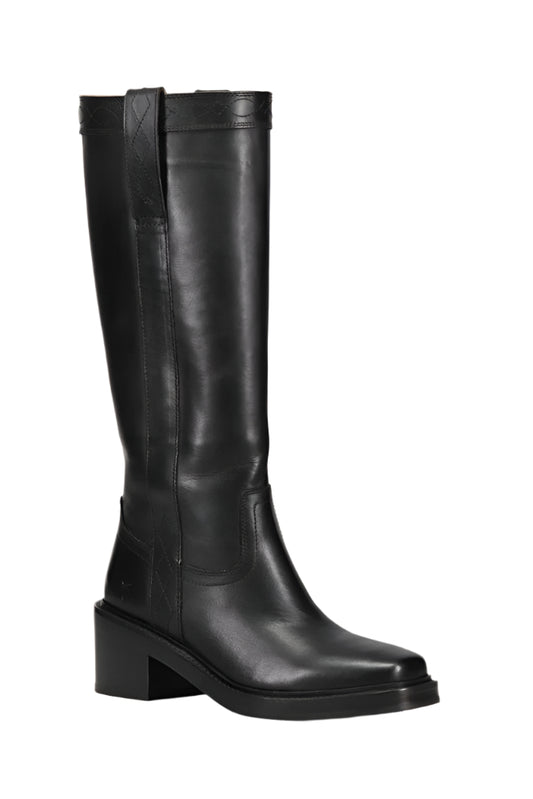 Black knee-high leather boot with square toe and block heel.