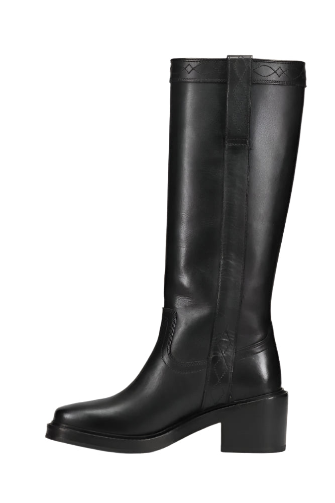 Black knee high leather boot with block heel