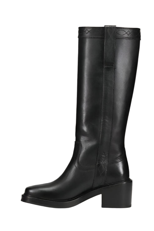 Black knee high leather boot with block heel