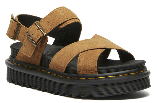 Platform sandal with adjustable buckle, tan suede straps, and yellow stitching.