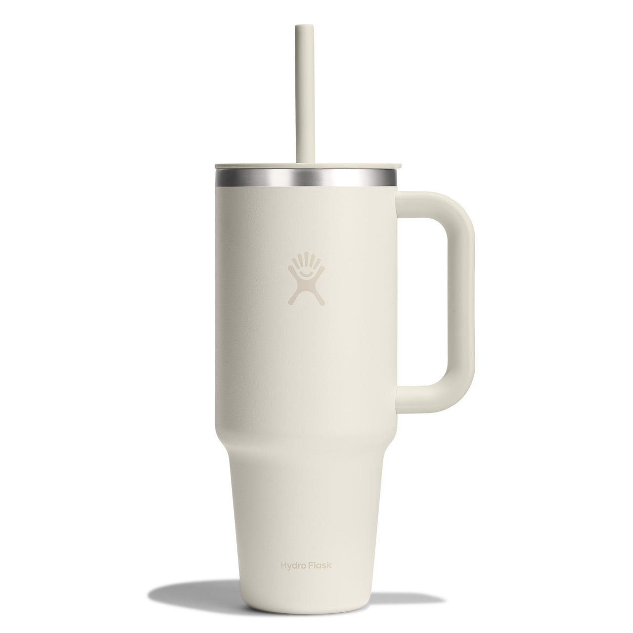White insulated mug with handle and straw.