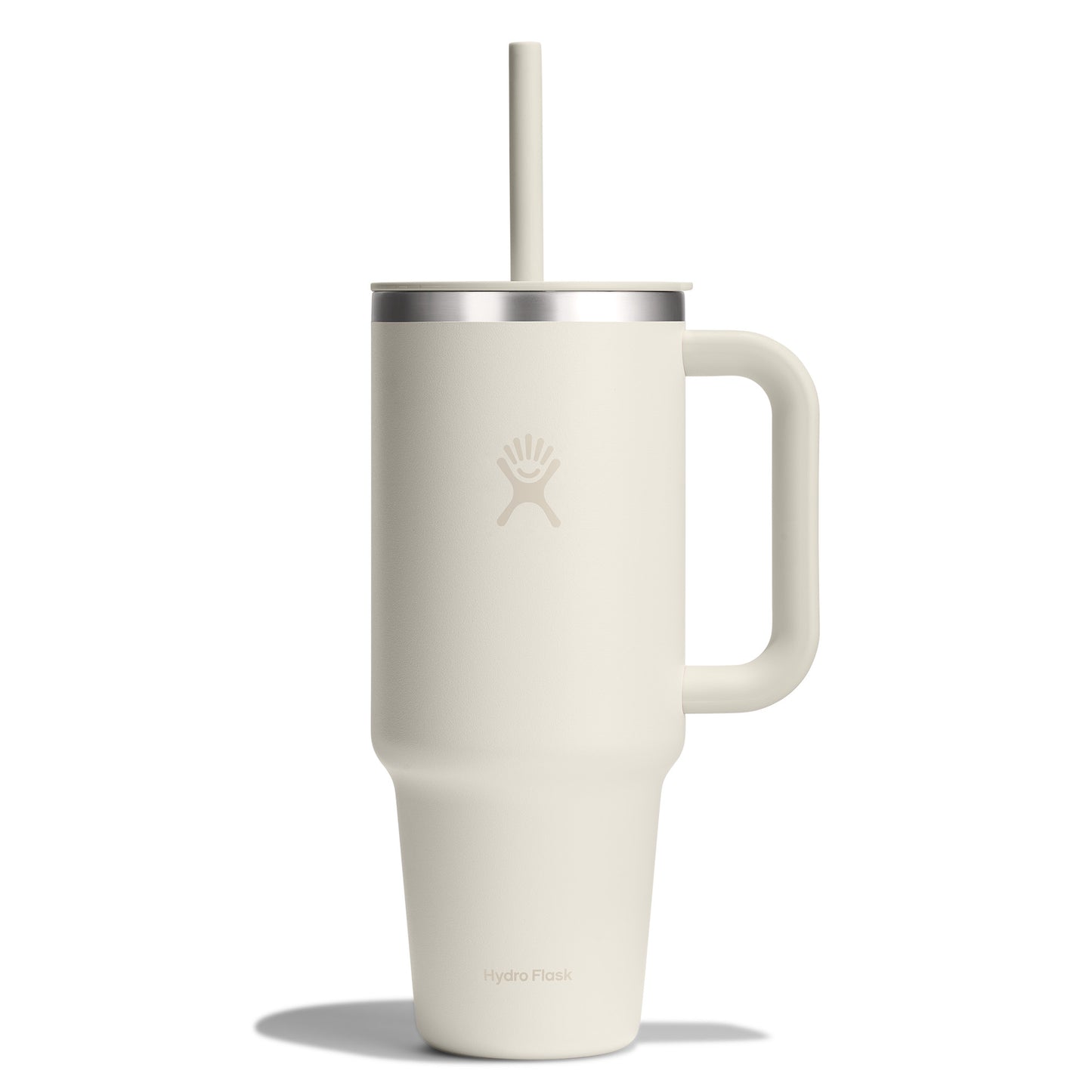 White insulated mug with handle and straw.