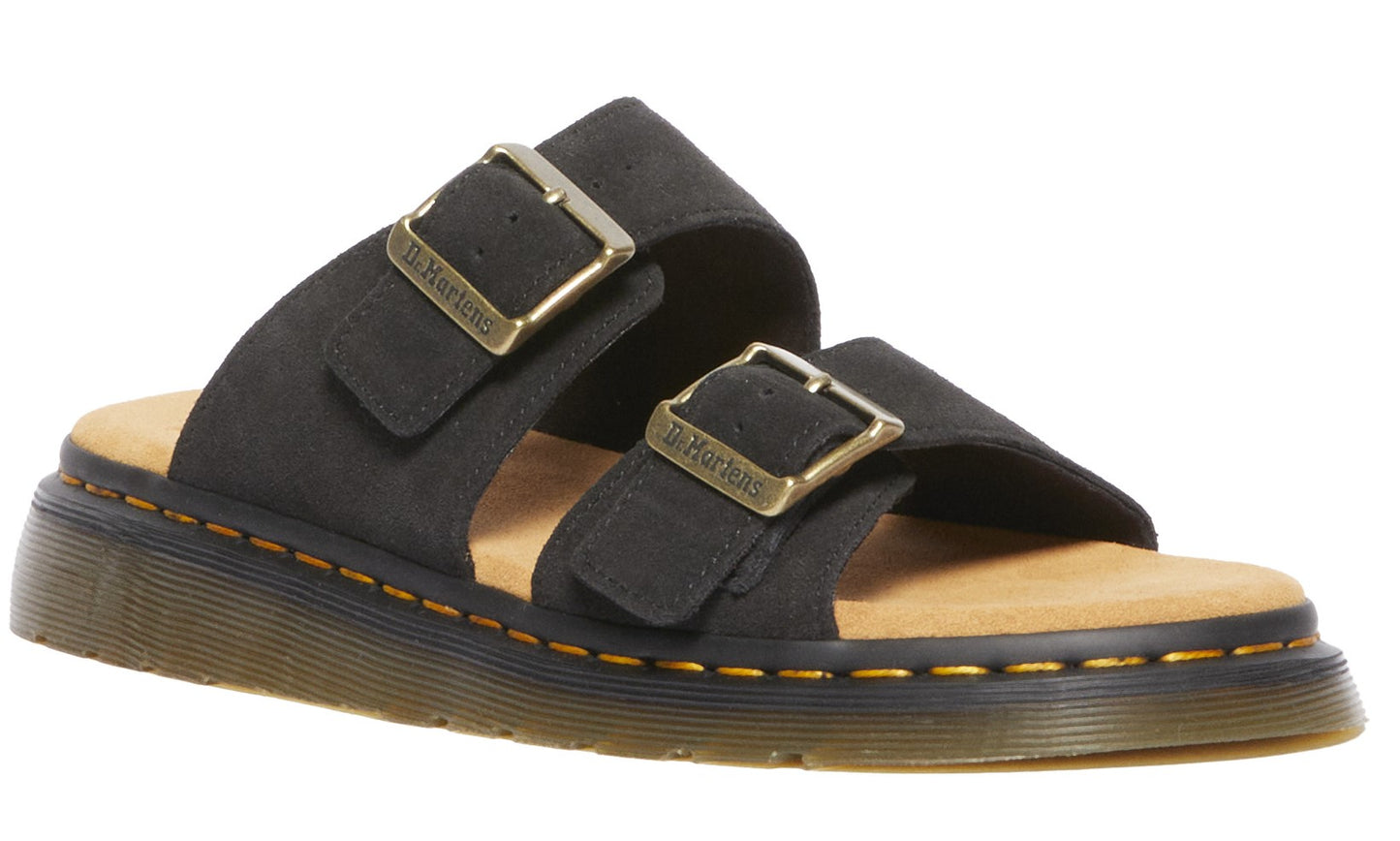Black sandal with two straps and gold buckles.
