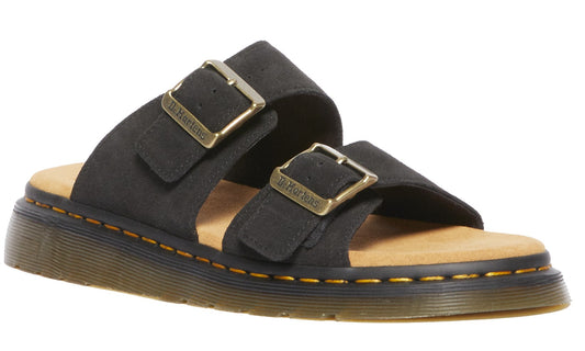 Black sandal with two straps and gold buckles.